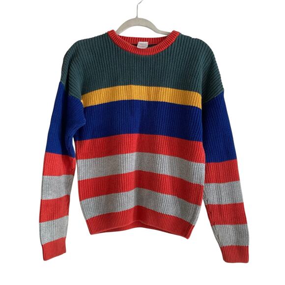 Kids Hanna Anderson Red Green Striped Cotton Knit Kidcore Colorful Sweater Sz 12 - Picture 1 of 16